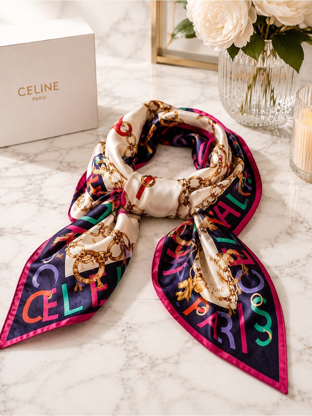 Celine Paris Silk Scarf 22.5” Multicolor Chain Print | Excellent Condition